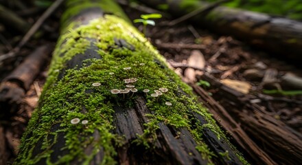 Fototapeta premium Vibrant green moss and delicate fungi covering a fallen log in a serene forest setting