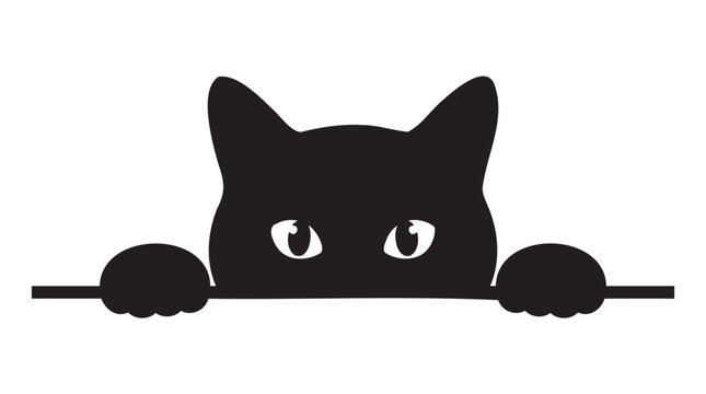 Adorable black cat silhouette design with bright, curious eyes peeking over a line, perfect for pet lover graphics and playful animal concepts