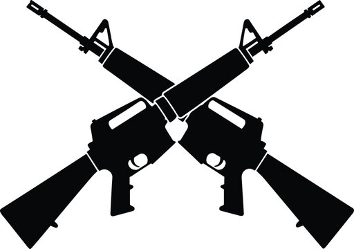 Crossed rifles silhouette, military weapon icon, gun symbol, army or war concept, tactical firearms illustration isolated on white background vector design