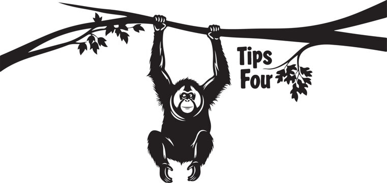 Black silhouette of gorilla hanging from tree branch with text