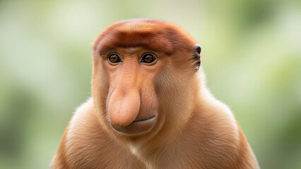 Naklejka premium Wild Proboscis Monkey Close-Up Portrait in Natural Rainforest Habitat
