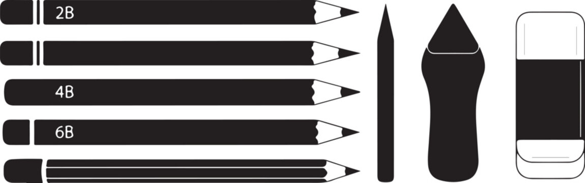 Black tools on white background pencils sketching supplies
