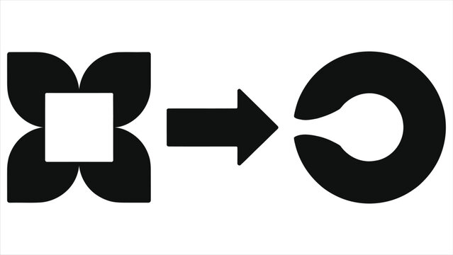 Vector silhouette icon of workflow transformation showing input to output process flow with abstract shapes converting into a circular symbol via arrow, minimalist flat design isolated on white 