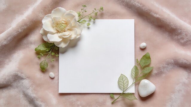 A white sheet of paper on pink velvet fabric, decorated with cream-colored flowers, green leaves, and small white stones, creating an elegant and sweet look.
