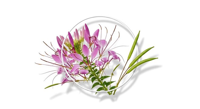 Cleome hassleriana flowers, also known as spider flower, with long seed pods, isolated on white background