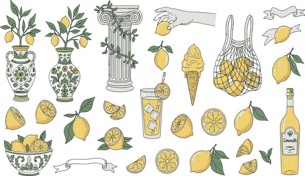 Mediterranean aesthetic citrus summer lemon harvest with ornate vases roman columns and refreshing lemonade drinks hand drawn vector illustration doodle art icon set