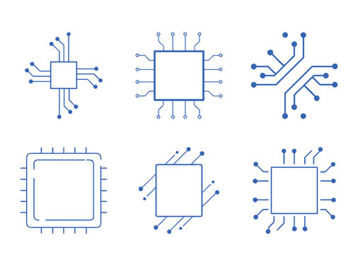 Collection of Stylized Blue Microchips Representing Technology and Computer Engineering