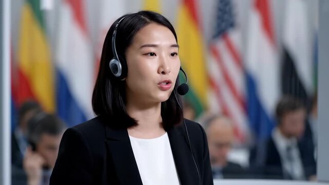 Professional adult asian woman speaking into a microphone headset at an international conference. Simultaneous translator working at a global summit or business forum
