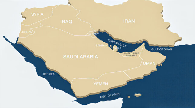 Minimal scientific map showing Persian Gulf region with simplified land and sea contrast, precise country boundaries and clear sans-serif labels, clean layout on light background.