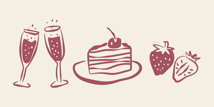 Dessert and champagne doodle icon set hand drawn vector illustration