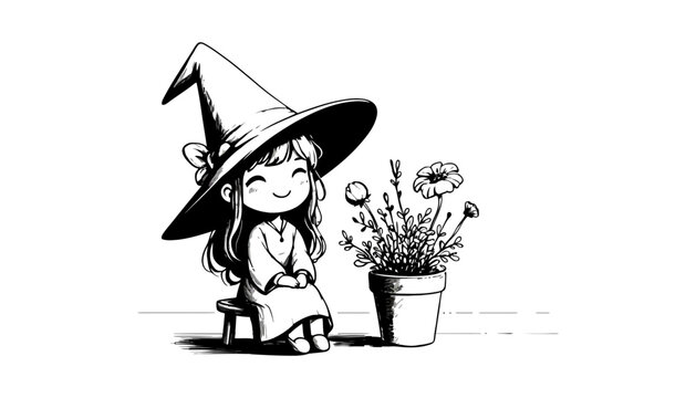 A witch girl sitting next to a potted plant in black and white illustration