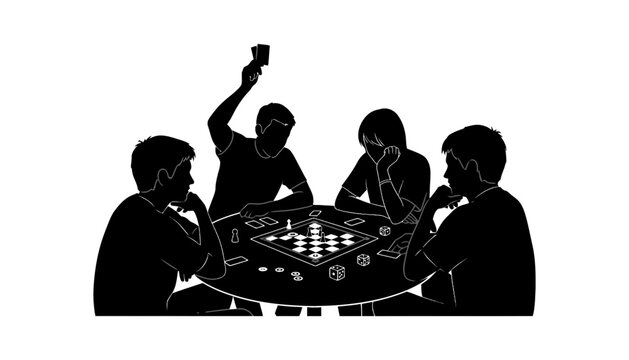 A black silhouette of four friends playing a board game together
