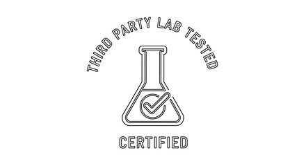 Third party lab tested certification emblem featuring a flask illustration © MBHM Studio