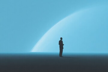 Fototapeta premium A man standing in front of a blue planet with the sky in the background. the man appears to be looking up at the planet as if he is admiring its beauty.
