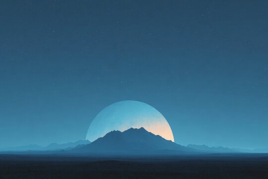 A majestic mountain in the middle of a desert at night illuminated by a full moon in the sky. the ground is visible at the bottom of the and the sky is filled with stars creating a and serene.