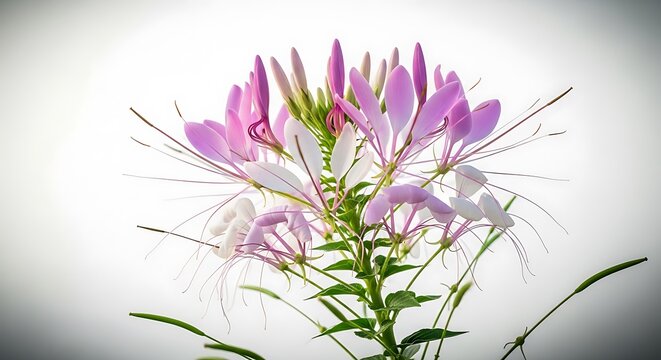 Closeup of a vibrant cleome hassleriana flower, also known as spider flower, showcasing its delicate pink and white petals and long stamens