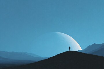 Obraz premium A person standing atop a mountain looking up at the moon in the night sky. the person is surrounded by hills and the moon is visible in the background.