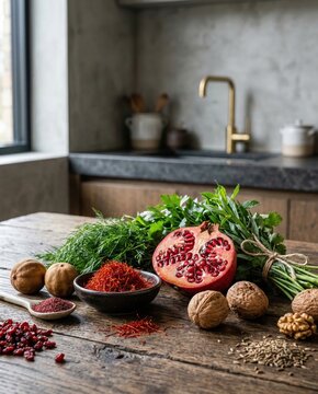 Traditional Iranian cooking ingredients on a rustic wooden table in a modern kitchen. Persian cuisine staples with saffron pomegranate and fresh herbs. Middle Eastern food preparation concept