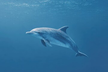 Fototapeta premium The is a of a dolphin swimming in the ocean. the dolphin is in the center of the with its body facing towards the right side of the frame. it appears to be in midflight with the water surrounding it.