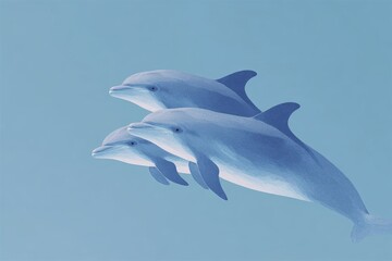 Fototapeta premium Three bottlenose dolphins swimming in the ocean their sleek bodies glistening in the sunlight as they gracefully glide through the water.