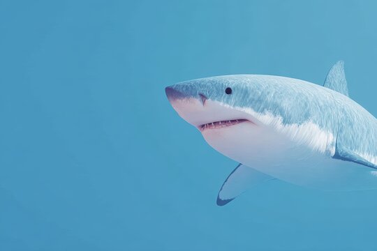 A great white shark swimming in the ocean with its mouth open. its body is a stark white color and its fins are spread out as it gracefully glides through the water.