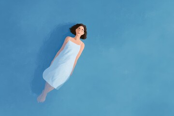 Fototapeta premium A woman in a white dress floating in the air against a blue background. she appears to be in a peaceful state with her arms outstretched and her head tilted slightly to the side.