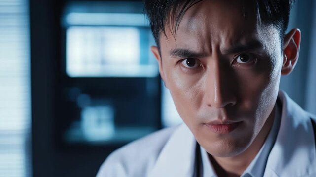 Asian man in lab coat looking intently, suggesting deep concentration on a scientific or medical matter.