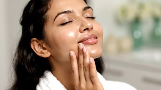 Young indian woman with closed eyes applying moisturizing cream on her face. Female model enjoying a daily skincare routine for healthy glowing skin. Beauty and cosmetic concept