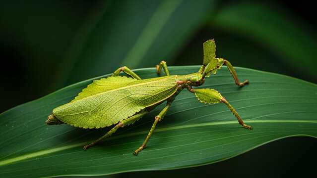 Leaf Insect Resting on Green Leaf in Natural Camouflage