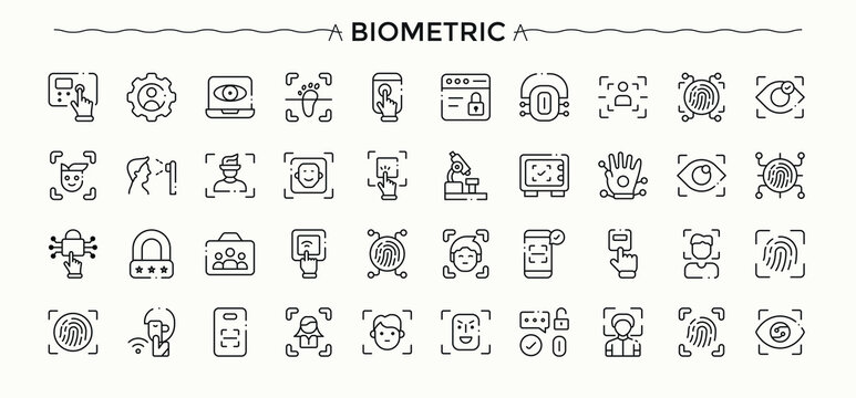 Biometric icon set in linear style. Minimalist editable vector stroke. Bio icon. Includes symbols for security, access, scan, bio, fingerprint, detect and more.