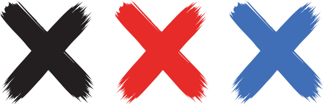 Three bold x marks a vibrant composition of black red and blue brushstroke xs on a white background