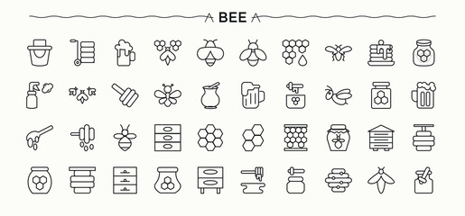 Bee And Honey icon set. Vector outline icons collection. Bee icon set in linear style. Contain linear sign food, comb, hive, beehive, beeswax and more. © Rubbble