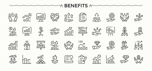 Benefits icon collection. Thin outline icons pack. Pictogram and infographic. Employee Benefit simple icon set. Pack of pay, employee benefit, gift, reward, benefit and more.