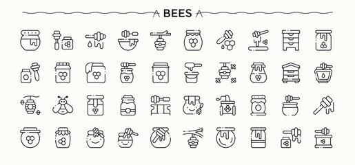 Set of Bee And Honey line icon. Contains such icons as beehive, natural, bee, honey, bees, comb, honeycomb and more. Set of line pictogram. Bees icon set. Signs for web and mobile app. © Rubbble