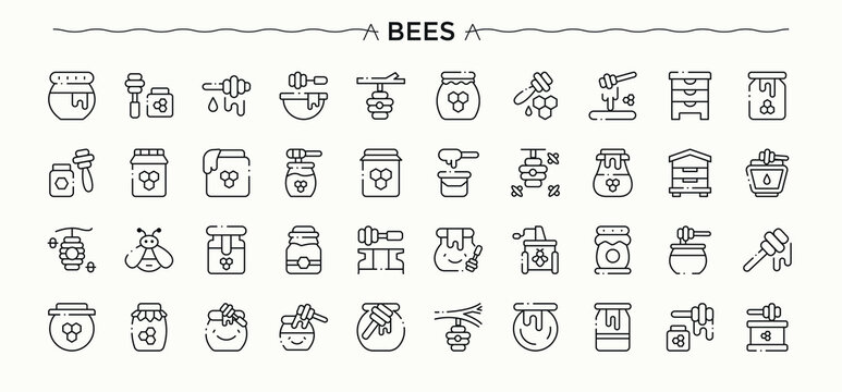 Set of Bee And Honey line icon. Contains such icons as beehive, natural, bee, honey, bees, comb, honeycomb and more. Set of line pictogram. Bees icon set. Signs for web and mobile app.