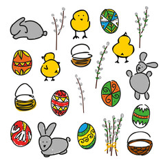 Fototapeta premium Hand drawn Easter set with cute bunny, chicks, decorated pysanka eggs, baskets and pussy willow branches verba. Simple doodle style illustration isolated on white background. 
