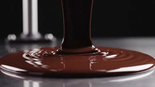 Luxurious dark chocolate dripping and pooling on a reflective surface showcasing decadent food preparation