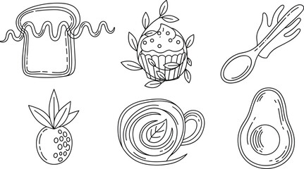 Fototapeta premium Breakfast and Food Icon Set Featuring Toast, Avocado, Pineapple, and Roll for Food, Snack, and Culinary Designs