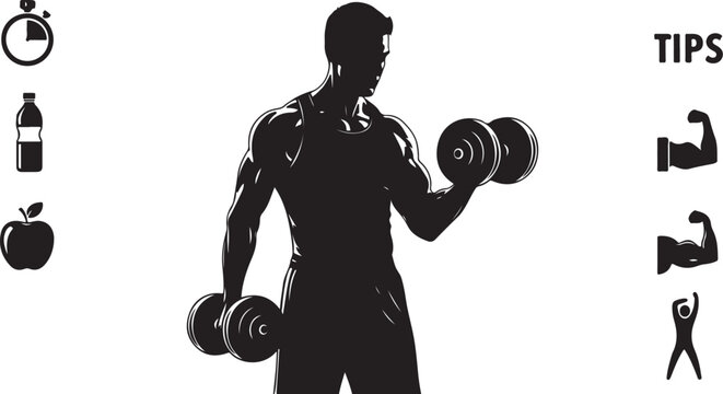 Black silhouette man lifting dumbbells with fitness