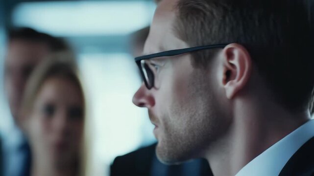 Businessman wearing black-rimmed glasses, pondering or speaking at a press conference.