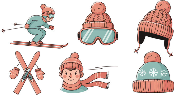 Winter Skiing and Cold Weather Icon Set Featuring Skier, Ski Gear, Winter Hat, Scarf, and Goggles for Holiday and Sports Designs