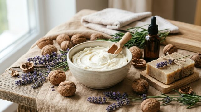 Organic homemade body cream with lavender and walnuts on wooden table.