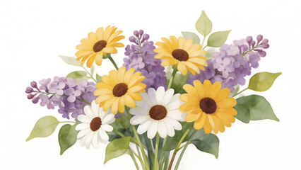 Naklejka premium Bouquet of sunflowers and lilacs