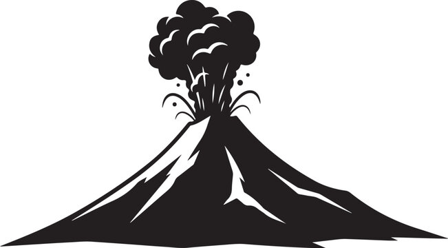 Black silhouette of erupting volcano with smoke and ash