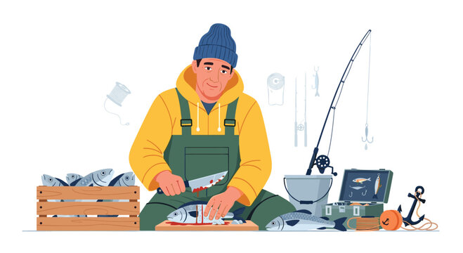 A fisherman in a yellow jacket cleans a fish with a knife on a wooden surface surrounded by fishing gear.