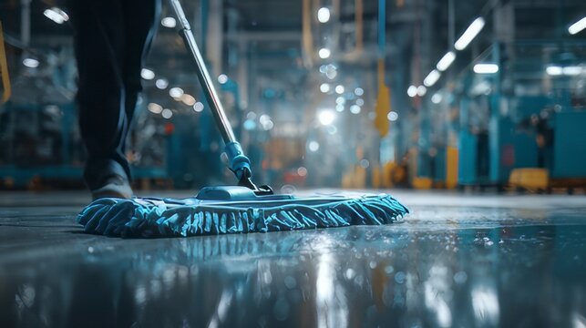 Professional cleaner performing industrial floor maintenance using a mop