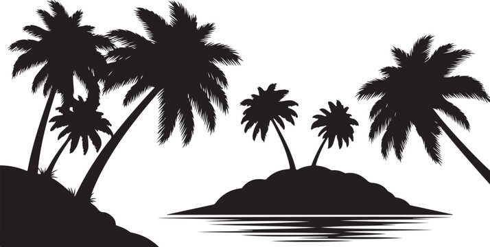 Black silhouette of palm trees on islands white background