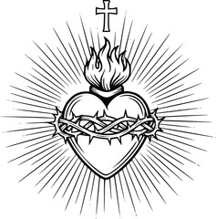 Fototapeta premium Sacred Heart with Cross and Crown of Thorns Hand Drawn Line Art Illustration