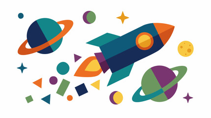 Colorful rocket flying through space surrounded by planets, stars, and shapes © GraphWorks