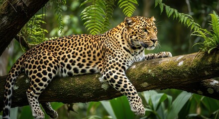 Obraz premium Leopard Resting on Tree Branch in Forest.